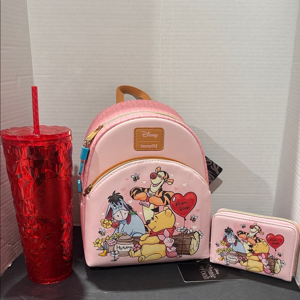 Loungefly Winnie Pooh & Friends Backpack, Wallet, and Red Starbucks Tumbler Set